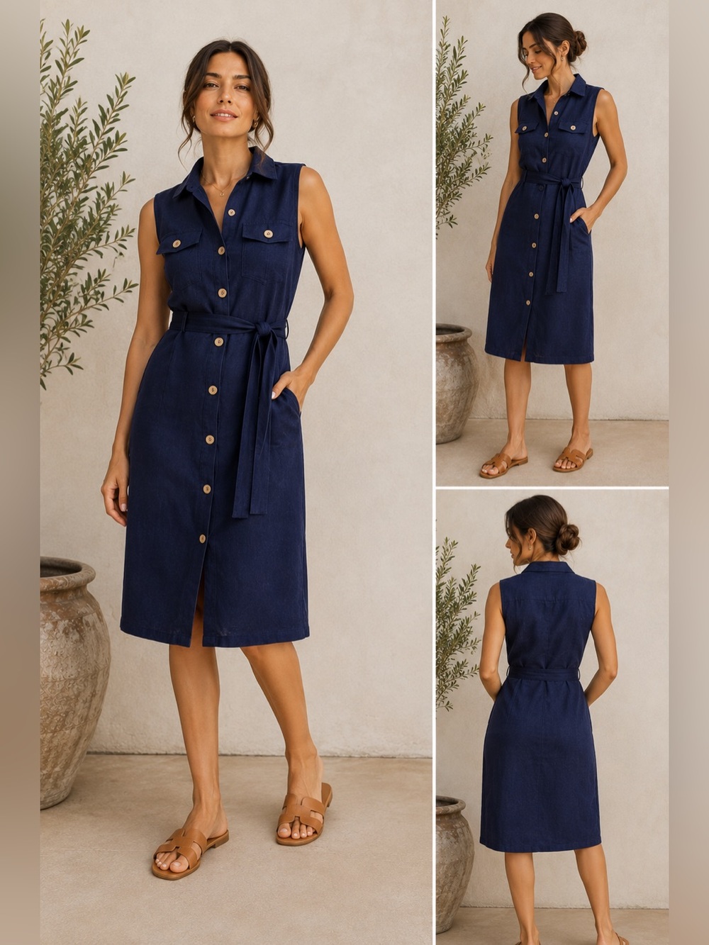 Olivaceous 100% Linen Navy Sleeveless Belted Button Front Midi Dress S